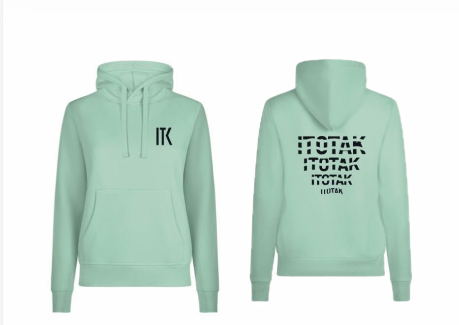 Sudadera ITOTAK color aqua con capucha, vista delantera y trasera