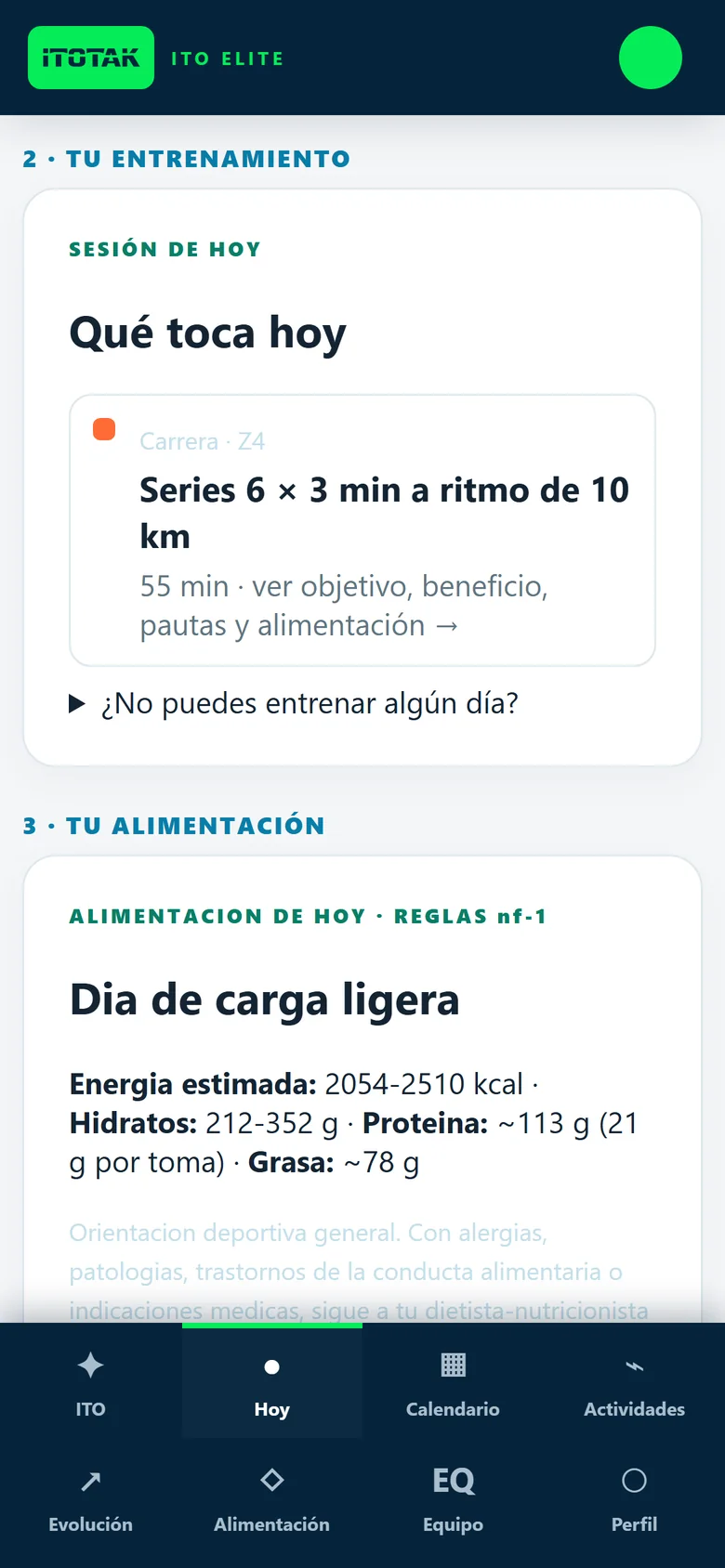 Pantalla Hoy de ITO con la sesión del día