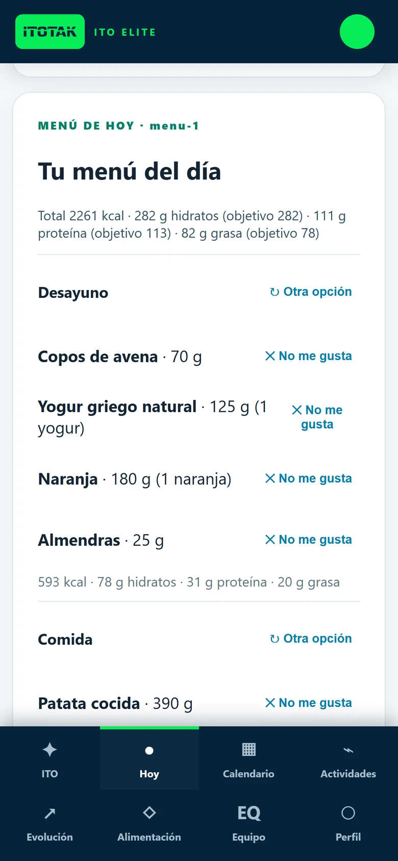 Menú del día de ITO con cantidades en gramos